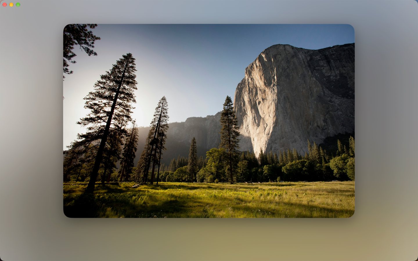 The viewer with every control hidden, showing only the photo of El Capitan on a soft blurred backdrop.