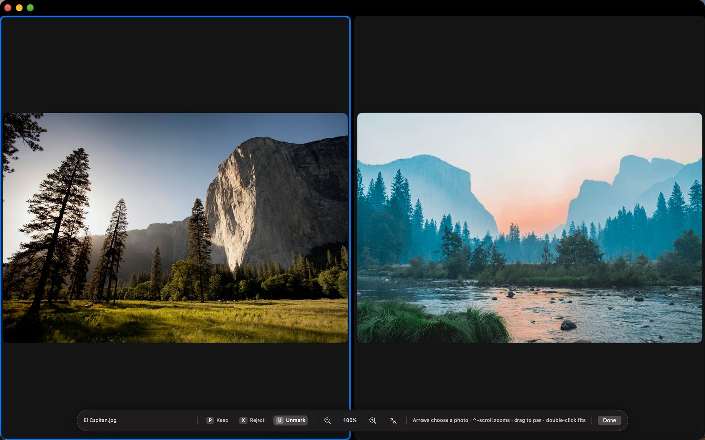 Compare view with two photos side by side and Keep, Reject and Unmark buttons along the bottom.