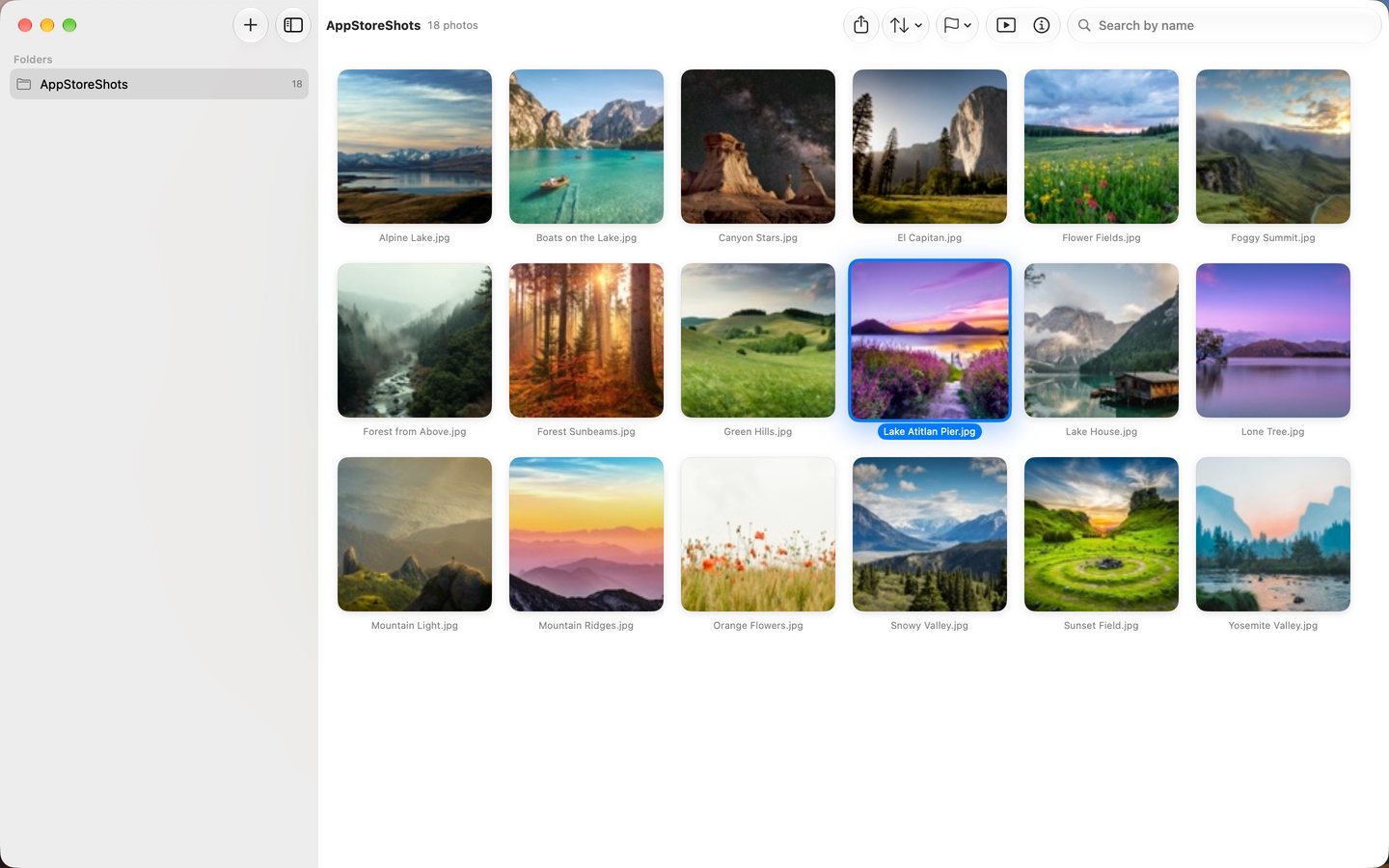 Pict-o-view's main window: a folder in the sidebar and a grid of 18 landscape photos, one selected.